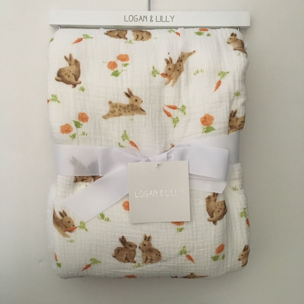 NEW Baby Blanket Cotton Muslin Quilted Bunny Rabbit Theme | Logan & Lilly